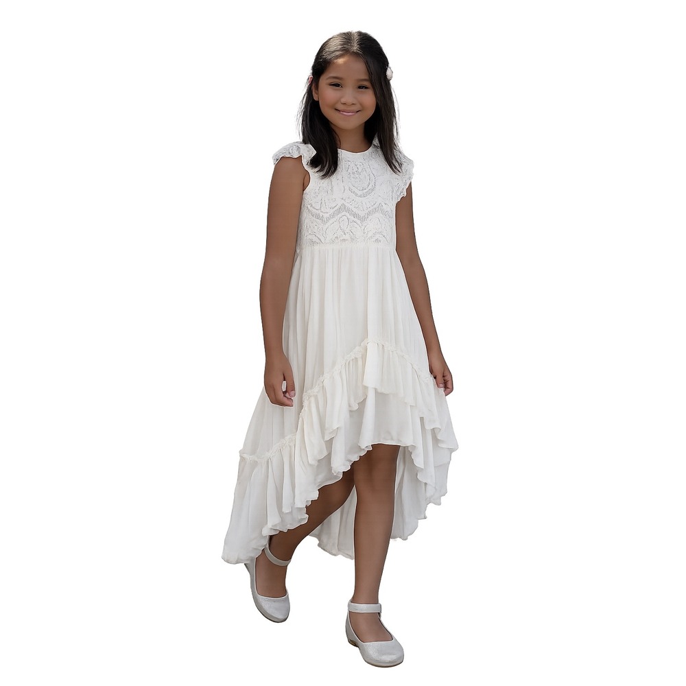 Kids White Lace Flutter Sleeve Tiered Ruffle High Low Dress Size 8Y Boho Wedding